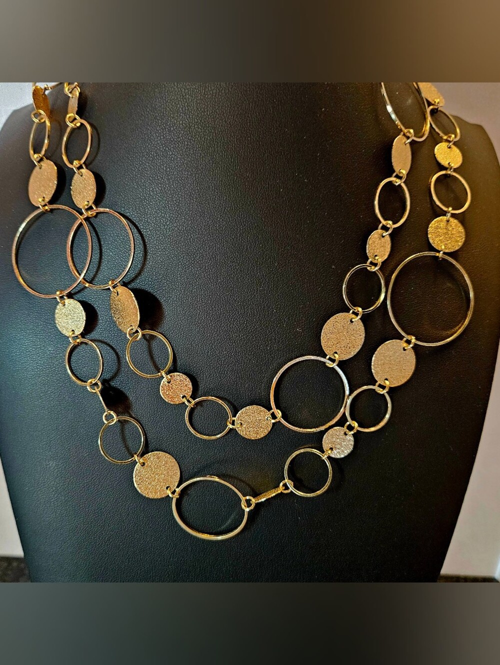 Gold Tone Layered Necklace Circle Disc Link